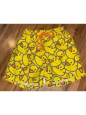 Men’s Duck Print Swim Trunks Size Small Yellow Rubber Ducky Beach Shorts